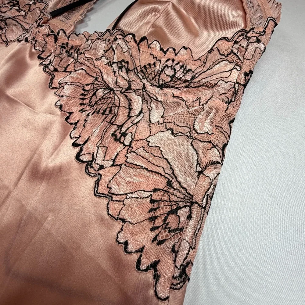 Auden Blush Pink With Black Lace Trim Silky‎ Babydoll  Lingerie Set In Medium